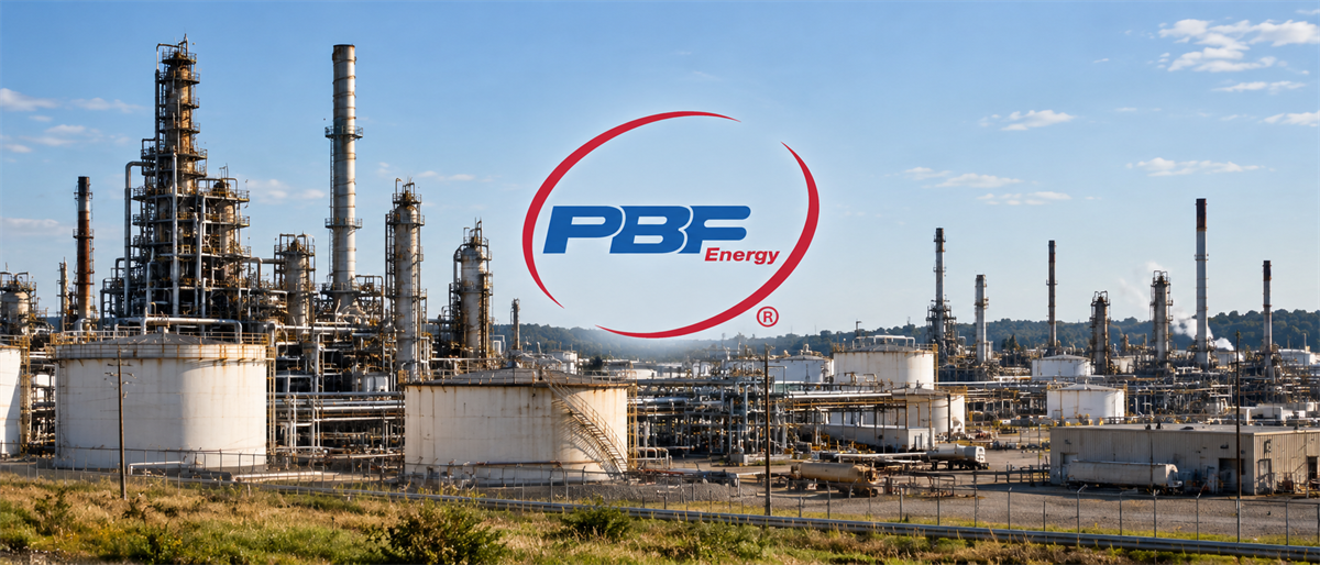 PBF Energy logo overlaid on a photo of an oil refinery with storage tanks and processing towers.