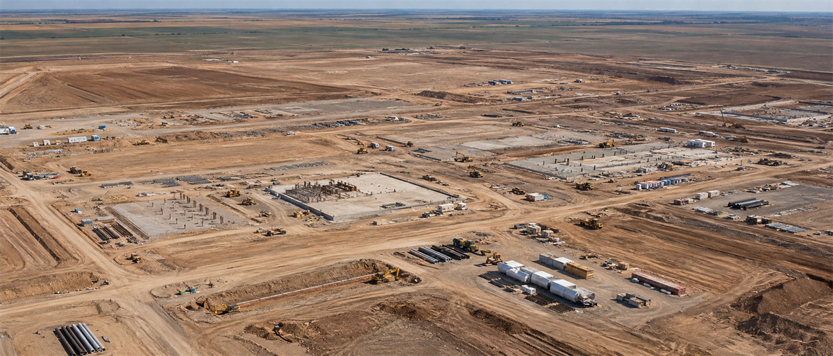 Aerial view of a large industrial construction site with graded roads, concrete foundations, pipes, and heavy equipment.