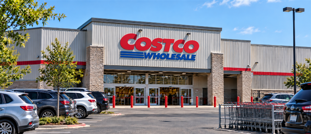 Exterior of a Costco Wholesale store with its logo, parking lot, cars, and shopping carts visible.