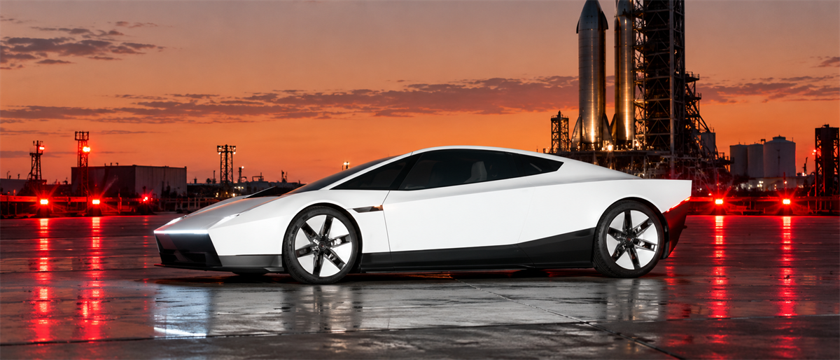 White Tesla sports car parked at a launch site with rocket boosters visible against a sunset sky.