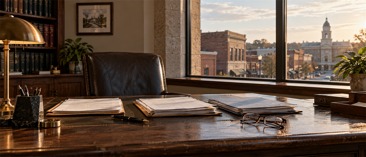 Executive office desk with documents, glasses, and a leather chair overlooking a town square at sunset.