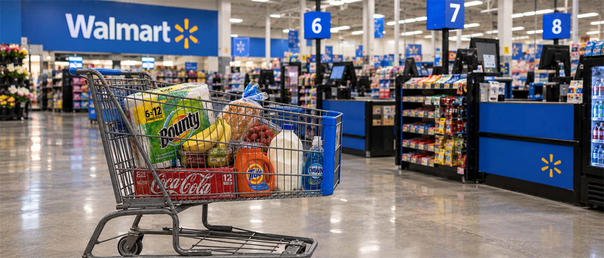 Shopping cart filled with groceries near checkout lanes inside a Walmart store with logo signage visible.