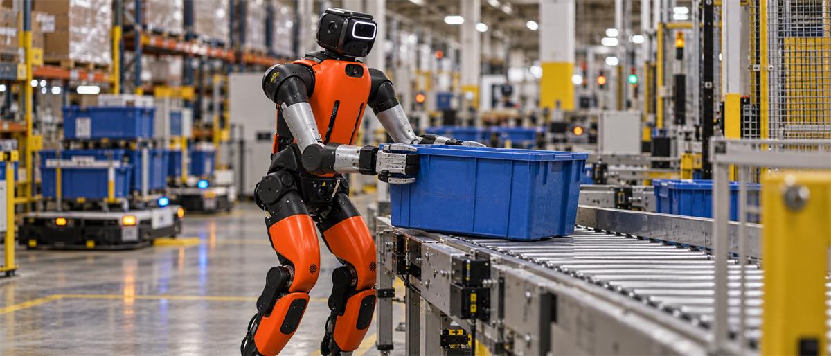 A humanoid warehouse robot with an orange and black frame places a blue bin onto a conveyor belt.