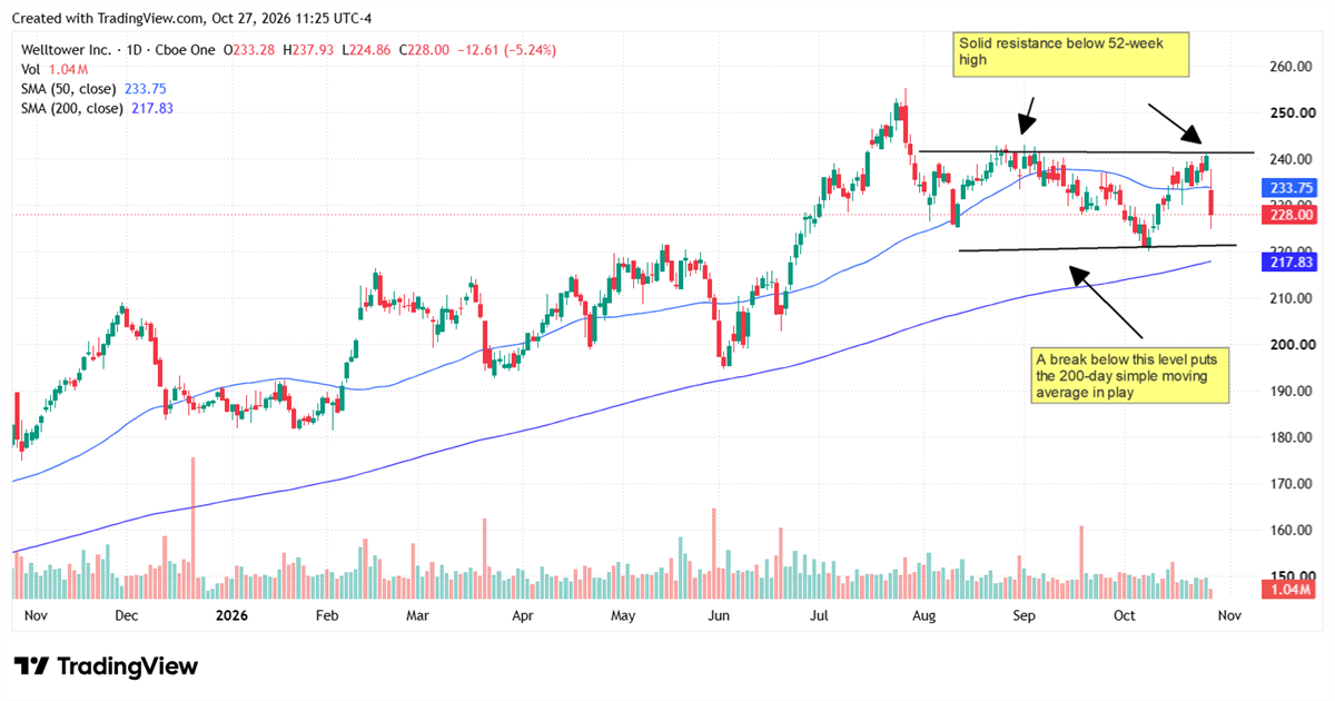 Welltower (WELL) stock chart shows shares retreating from resistance, with key support and moving averages in focus.