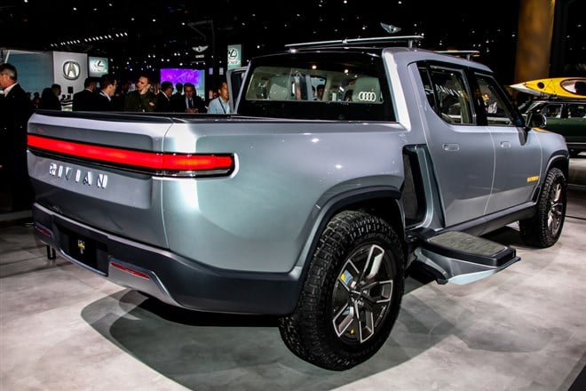 NEW YORK, NY, USA - APRIL 17, 2019: Rivian R1T Pickup truck is an all electric vehicle shown at the New York International Auto Show 2019, at the Jacob Javits Center. This was Press Preview Day One of NYIAS