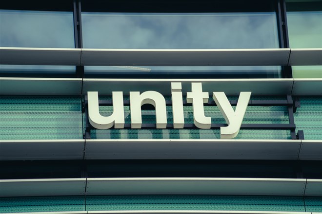 Unity logo on a building — learn more about Unity Software earnings