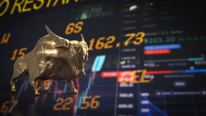 How to invest in a bull market: gold bull on chart background 