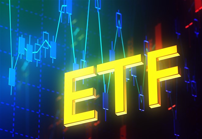 ETF acronym on candlestick chart background