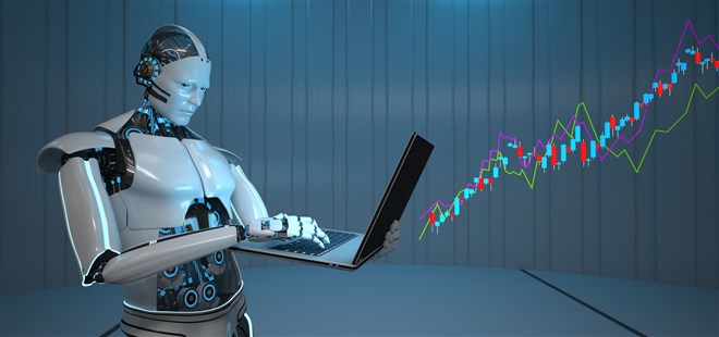 robot with laptop and candlestick chart in background