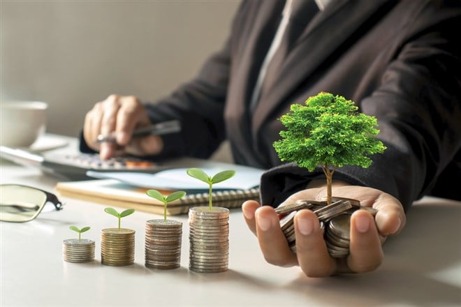 A growing tree on a pile of money in the hands of a businessman and a tree growing on a stack of coins — what is green investing?