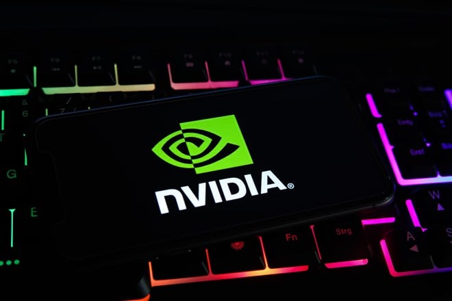 close-up image of nvidia logo on mobile device resting on computer keyboard