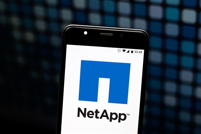 NetApp logo is displayed on a smartphone, stock price