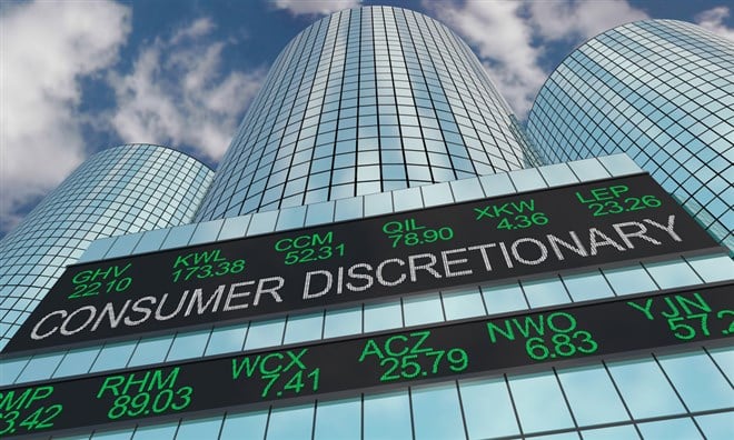 What is consumer discretionary? Image of a ticker symbol on a screen labeled consumer discretionary