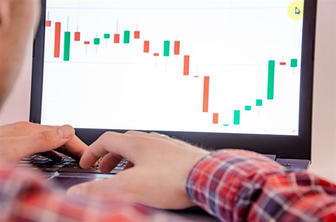 Trading example with candlesticks on a screen. Learn more about low-beta stocks.