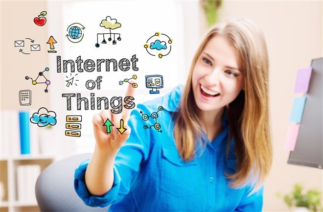 Photo of young woman with illustration of words internet of things in foreground