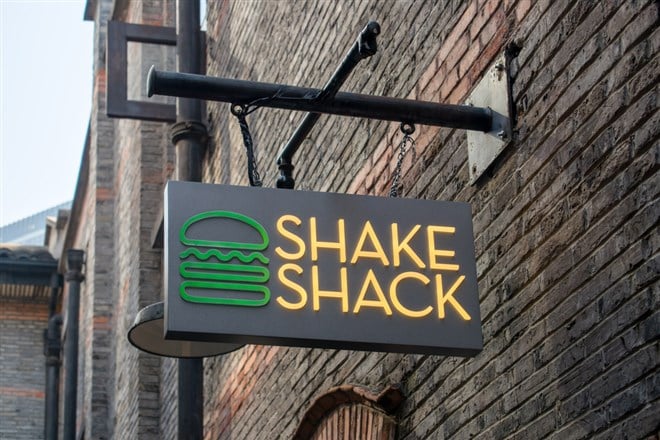 Shake Shack logo on the side of a building