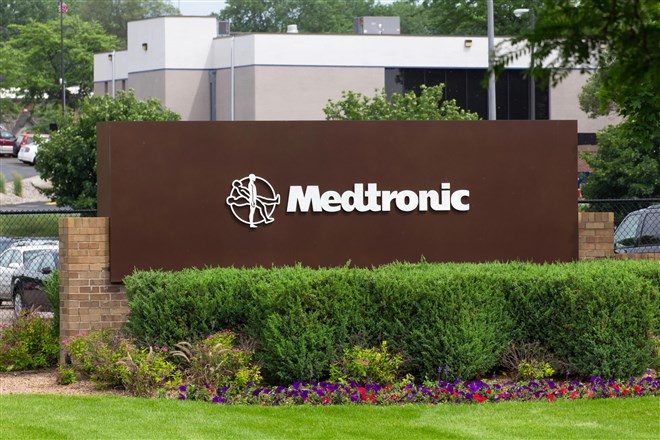 image of medtronic sign and logo outside medical building