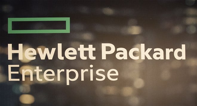 Hewlett Packard Enterprise logo over pixelized background