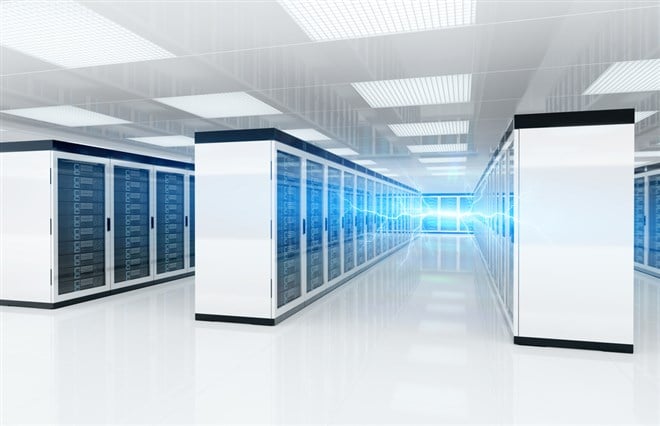 Electricity lightning in white servers data center room storage systems 3D rendering