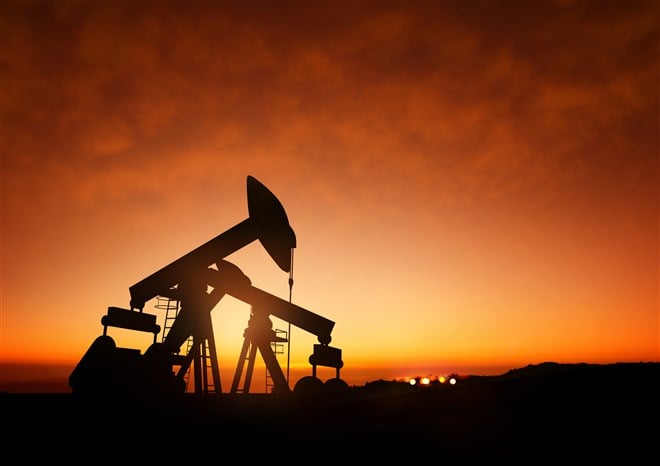 picture of oil derricks pumping oil at dusk