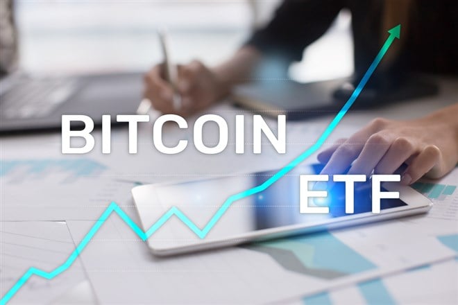 Bitcoin ETF, Exchange traded fund and cryptocurrencies concept on virtual screen.