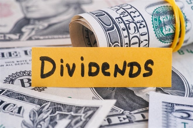 The word Dividends and dollar bills. Close up.