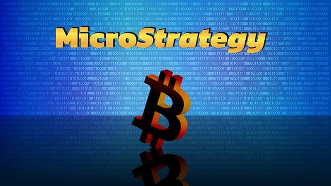 Illustration of Microstrategy logo with bitcoin symbol