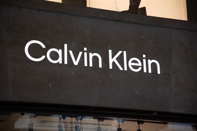 Calvin Klein sign text and logo brand of American chain house luxury clothing PVH Corp 