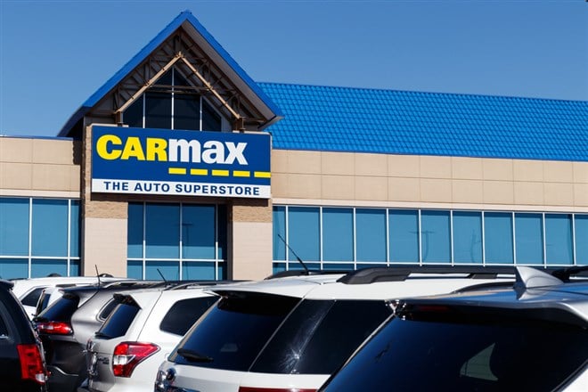 Photo of a CarMax storefront with cars parked out front; Should you buy the stock while it's priced low? 
