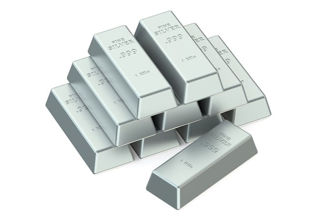 Photo showing Silver Bars isolated on white background. Pan American and Fortuna Silver Mines are two copmanies to watch as silver prices rally.