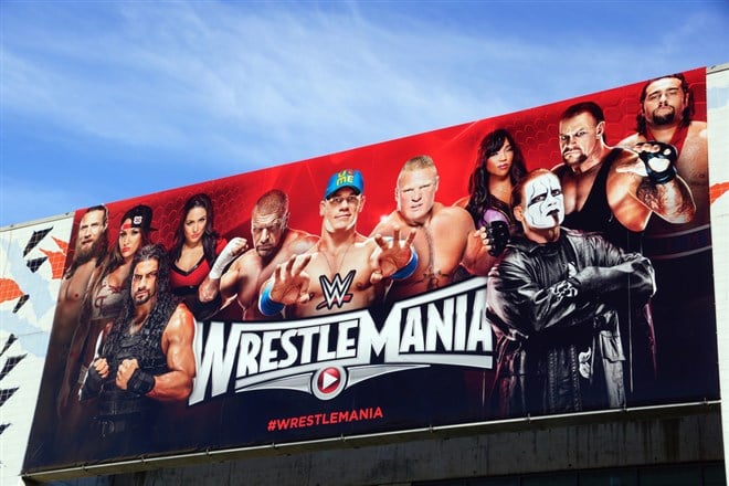 Photo of WWE wrestlers participating in WrestleMania 40. 