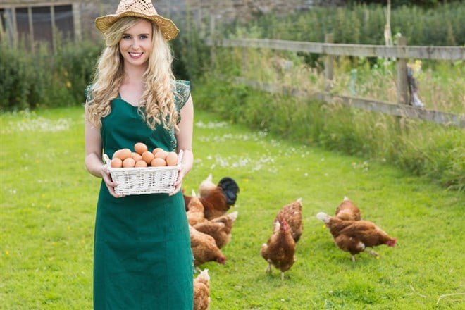 Photo of a woman carrying a basket of eggs from the free range chickens behind her. Vital Farms is capitalizing on the rising demand for pasture-raised eggs.