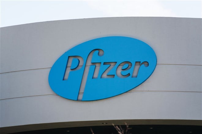 photo of pfizer logo on company's corporate headquarters