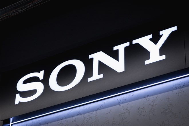Close-up on the SONY logo on a decorative wall in store. Almaty, Kazakhstan - April 15, 2023