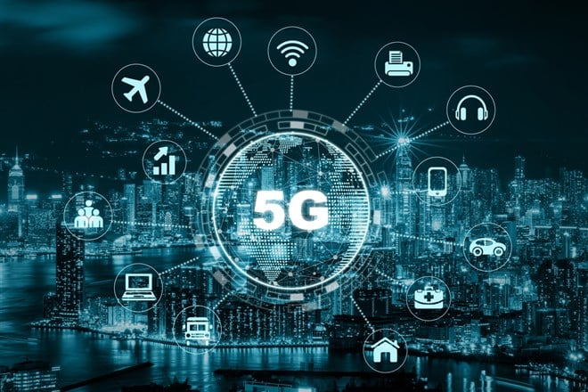 Photo illustrating 5G technology with earth dot in center of various icon internet of thing. Why investing in 5G stocks presents a unique opportunity.