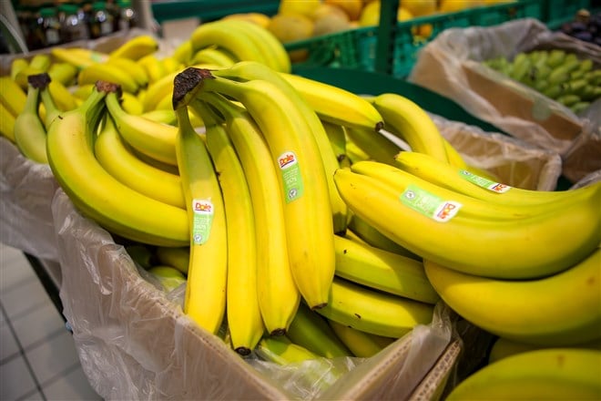 closup photo of Dole bananas in store setting