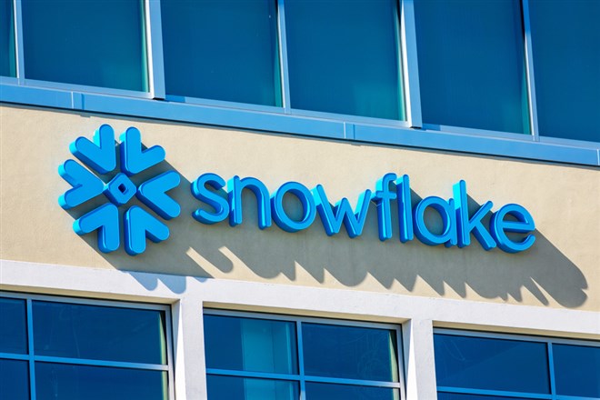 Snowflake logo and sign at the company corporate headquarters in Silicon Valley. Snowflake Inc. is a cloud-based data-warehousing startup - San Mateo, California, USA - 2020