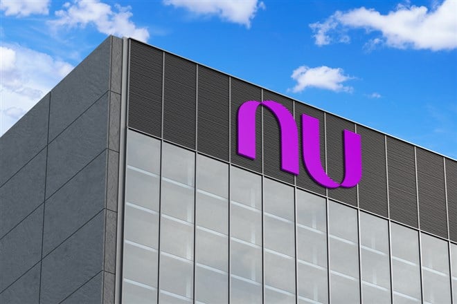Brazil. In this photo illustration in 3D the Nubank logo seen on top of the glass building