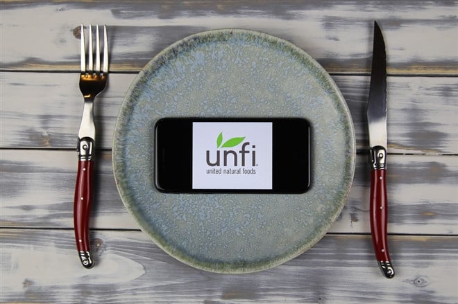 smartphone screen with logo of UNFI on plate with cutlery