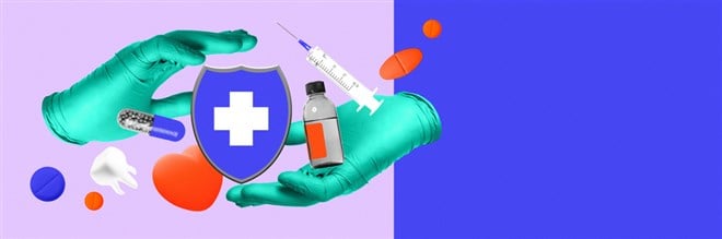 Doctors hands in gloves hold shield with medical cross, surrounded by capsules, syringe, and heart, symbolizing health protection and care. Conceptual art collage. Concept of medical insurance — Photo