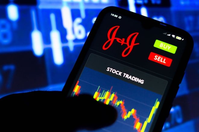 July 15, 2021, Brazil. In this photo illustration the Johnson and Johnson logo seen on a smartphone screen with stock trading