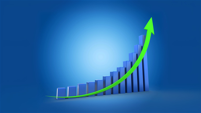 Blue charts with green arrow up