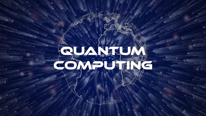 Quantum Computing text concept on si-fi particles background. Dot particles technological earth.