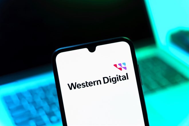 Prague, Czechia - 05 08 2025: Smartphone on surface showing Western Digital logo.