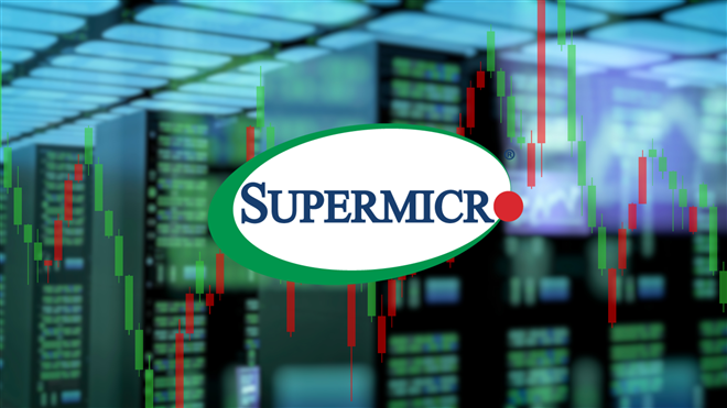 Super Micro Computer logo over data center background with stock chart overlay