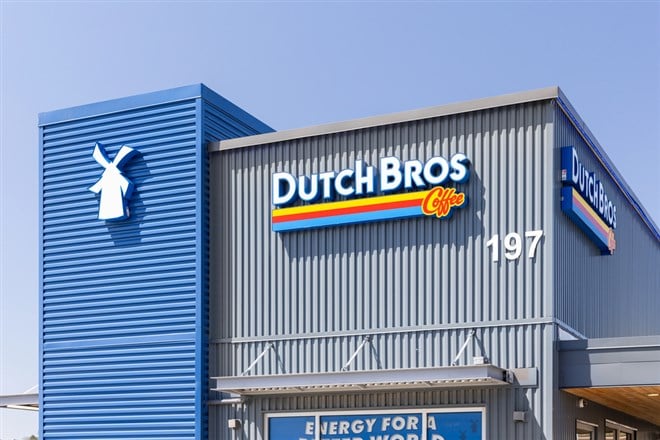 Dutch Bros coffee location on sunny day. 