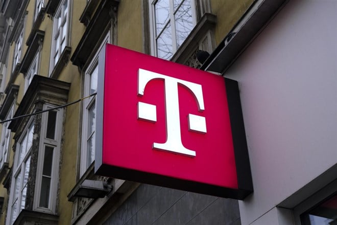 T-Mobile square logo on sign outside building.