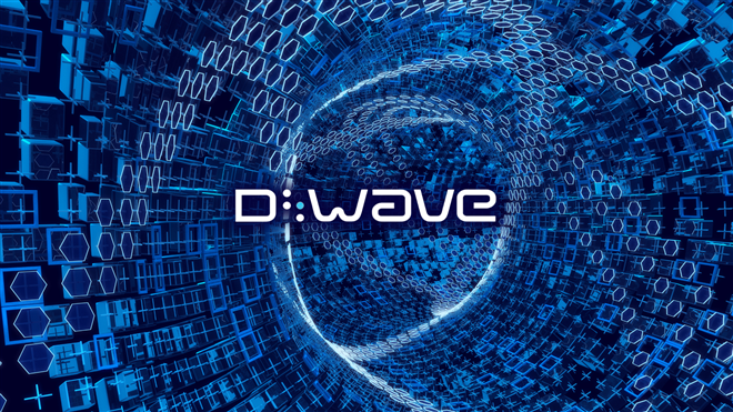 D-Wave logo in front of quantum computing background.