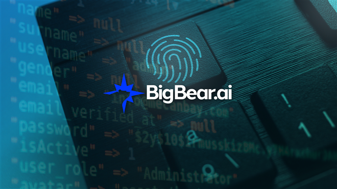 BigBear.ai logo over fingerprint security system and software code.