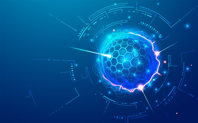 Graphic of futuristic sphere with tech element representing quantum computing.